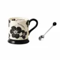 Vintage ceramic coffee mug with spoon black floral aesthetic tea cup for home office 400ml - 301-400ml / Sakura Color Box + Spoon