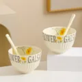 Ceramic rice bowl detail view, cream style floral pattern with spoon for kitchen dining. - 2 Bowls 2 Spoons