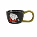 Vintage ceramic coffee mug with unique irregular rim, large green handle, and floral art. - 301-400ml / Black Butterfly Flower