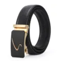 Men's automatic buckle leather belt, classic black belt strap with gold alloy buckle for business casual. - Gold