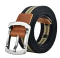 Herren Freizeit Canvas Gürtel mit Metall Dornschließe und Streifen Design Schwarz Blau - 120cm / Schwarz Beige Grün Gestreift