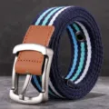 Ceinture en toile homme rayée décontractée avec boucle ardillon métal pour usage - 120cm / Rayures bleues et blanches