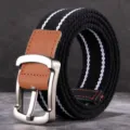 Ceinture de toile noire décontractée pour homme avec bandes blanches et boucle en métal - 120cm / Rayures Noires et Blanches