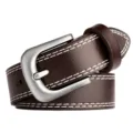 Women's brown leather belt with white stitching and stylish metal pin buckle for daily wear. - Double Stitched Coffee