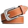 Women's brown leather belt with stylish white stitching and classic silver pin buckle. - Double Stitched Khaki