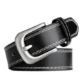 Minimalist women's black leather belt with silver pin buckle and contrast white stitching. - Double Stitched Black