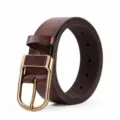 Cinturón de piel marrón vintage para hombre con hebilla dorada, accesorio de pantalón. - 125cm / Dorado & Café