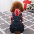 Cute puppy striped jeans overalls four-leg pet clothes for small dogs spring autumn wear - XS / Red and White Striped Denim Overalls