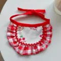 Cute red white checkered pet cat bib collar with ruffles bear cherry pattern saliva towel - Plaid Red Cherry