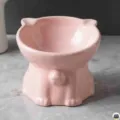 Pink ceramic elevated cat bowl with cute ear design, large caliber pet food water bowl. - Pink