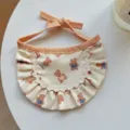 Cute cat bib with bear print and ruffled lace edge, adjustable orange tie pet saliva towel. - Vintage Coffee Bear