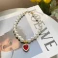 Pet pearl necklace with red heart pendant, sweet princess style cat collar and photo prop. - S / Ruby Red
