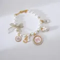 Pet pearl necklace with cute bow and vintage charms, elegant dog collar for small dogs. - S / White