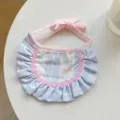 Cute blue striped pet cat bib with pink ruffles and bow tie decoration for daily wear. - Girlish Pink and Light Blue