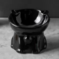 Black ceramic elevated cat bowl with cute ear shape, large opening pet food water bowl. - Black