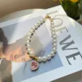Cute pearl pet collar with pink heart crystal pendant, princess style cat necklace accessory. - S / Pink Gem