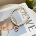 Pearl cat collar with purple heart crystal pendant princess style pet photography decor - S / Purple Gem