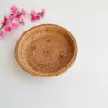 Round woven rattan fruit basket storage tray for home desktop organization and picnic use. - Cross-Pattern Storage Basket / Large 27cm / Brownish Yellow