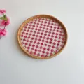 Handwoven rattan tray with pink shell mosaic pattern, round decorative serving fruit tray. - Red Checkerboard / Small Round Tray 30x3cm