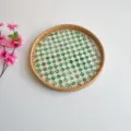 Handmade rattan shell serving tray with green mosaic inlay, perfect for home decor and snacks. - Green Checkerboard / Small Round Tray 30x3cm