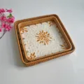 Square rattan woven storage tray with shell mosaic floral design for home decoration. - Square Yellow Flower Rattan Shell Tray 2 Piece Set