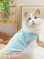 Cute breathable summer cat vest in light blue and pink, comfortable soft pet apparel. - S / Blue