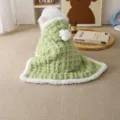 Green waffle pet blanket cloak with white fleece hood and pom-pom, size S, M, L available. - S / Green