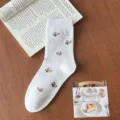 Calzini donna bianchi a tubo medio con stampa orsetto carino, stile casual per primavera autunno. - Taglia unica / Bianco puro