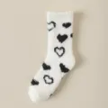 Women fuzzy coral fleece sleep socks with cute black heart patterns, soft winter floor socks. - One Size / White with Black Heart