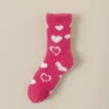 Women fuzzy fleece pink socks with white heart patterns, cozy winter warm indoor floor sleep socks - One Size / Rose Red
