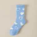 Women's fluffy coral fleece socks with cute white heart patterns, soft winter warm floor socks. - One Size / Blue