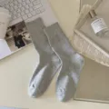 Grey ribbed cotton long socks for women, breathable fine striped preppy style mid-tube socks. - One Size / Gray