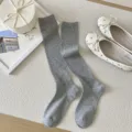Gray ribbed knee high socks for women, sweet ballet style knit long tube socks for daily wear. - One Size / Light Gray