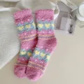 Cozy fleece Fair Isle winter socks, thick warm cute heart home sleep floor mid-tube. - One Size / Rose Red