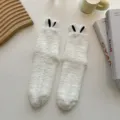Fuzzy white cute bunny ears socks, thick warm winter fleece cozy home sleep socks variant. - One Size / White Black Ears