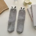 Grey fluffy rabbit ear socks, cute plush winter warm mid-calf sleep socks for women. - One Size / Gray