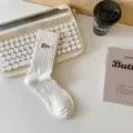 White mid-tube cotton socks with cute embroidery, casual sporty breathable unisex footwear. - One Size / SHORT White