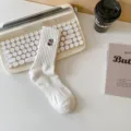 White ribbed crew socks with cute bird embroidery, breathable cotton casual daily wear for women. - One Size / Bird White