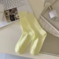Solid color cotton women crew socks light yellow fine striped breathable summer hosiery - One Size / Yellow