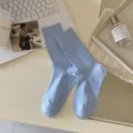 Solid color ribbed crew socks for women, lightweight cotton summer style versatile long socks. - One Size / Blue