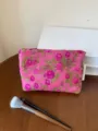 Floral cosmetic bag detail shot, portable canvas makeup pouch with vintage flower pattern. - M / Rose Red Lychee Flower