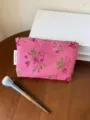 Pink floral embroidered cosmetic bag detail, portable makeup pouch with zipper closure. - M / Rose Red Rose
