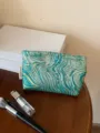 Green gold jacquard makeup bag detail, premium cosmetic pouch for travel and daily storage. - M / Dark Green Ocean