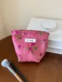Floral canvas cosmetic pouch detail view, portable makeup storage bag featuring floral pattern. - S / Rose Red Rose