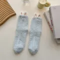 Cute 3D rabbit ear coral fleece cozy mid-calf socks for women winter warm indoor sleep home wear. - One Size / Blue