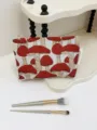 Cute mushroom embroidered ramie cotton cosmetic bag portable makeup pouch storage organizer - Red Medium