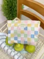 Aesthetic plaid cosmetic bag with floral embroidery, portable makeup organizer pouch. - L / White with Colorful Grid