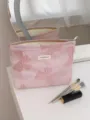 Pink bow jacquard cosmetic bag portable makeup storage pouch large capacity toiletry bag for women - L / Pink