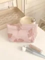 Pink yarn-dyed bow makeup bag detail, portable cosmetic pouch and toiletry storage organizer. - M / Pink