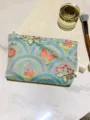 Traditional blue brocade cosmetic bag with butterfly and crane pattern, large capacity. - M / Butterfly Crane